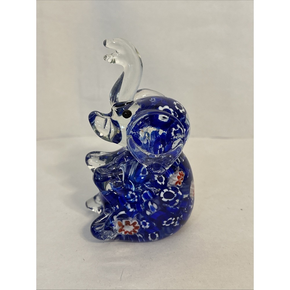 Art Glass Elephant Figurine Clear‎ Dark Blue Floral Paper Weight Trunk Up